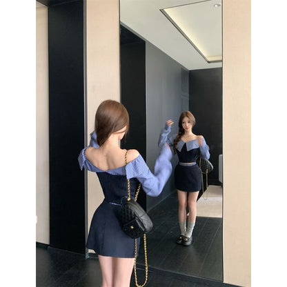 Black Crop Top with Off-Shoulder Plaid Panels - Altfashion Shop