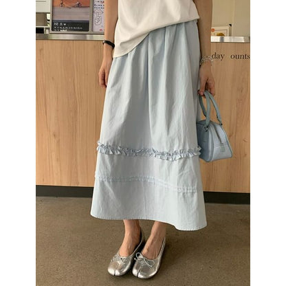 Black High-Waisted Frilled A-Line Midi Skirt - Altfashion Shop