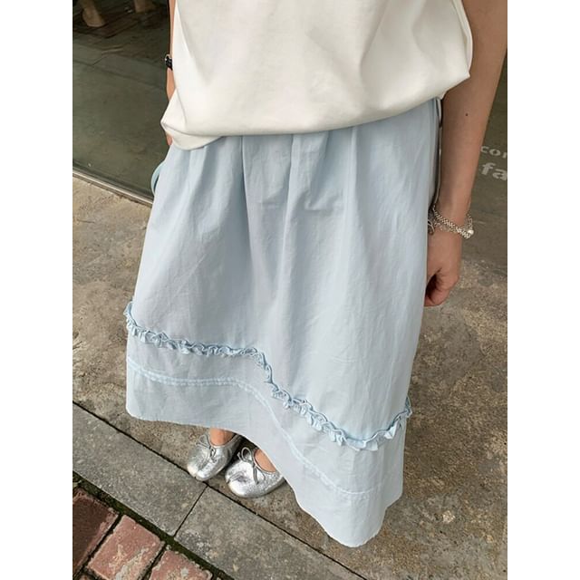 Black High-Waisted Frilled A-Line Midi Skirt - Altfashion Shop