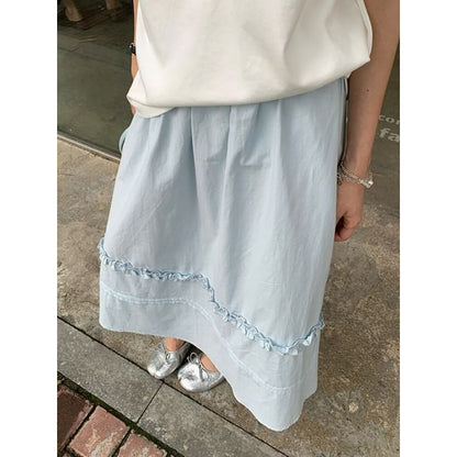 Black High-Waisted Frilled A-Line Midi Skirt - Altfashion Shop