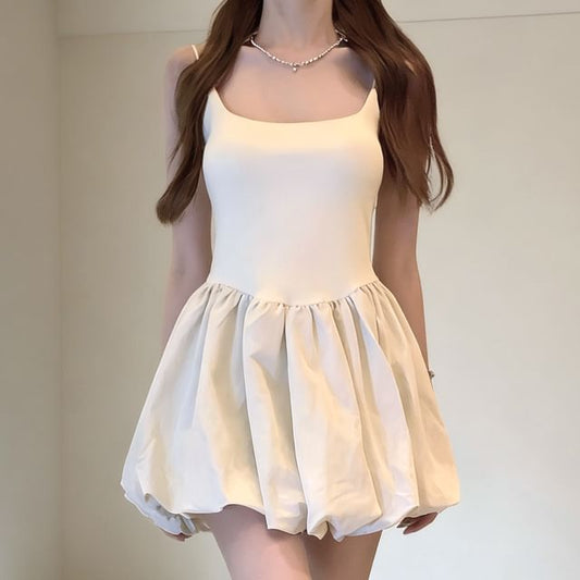 Spaghetti Strap Scoop Neck Plain Mini A-Line Dress