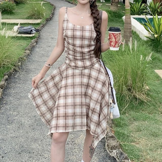 Spaghetti Strap Scoop Neck Plaid Asymmetrical A-Line Dress