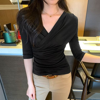 Ruched Wrap Top with V-Neck - Elbow Sleeve