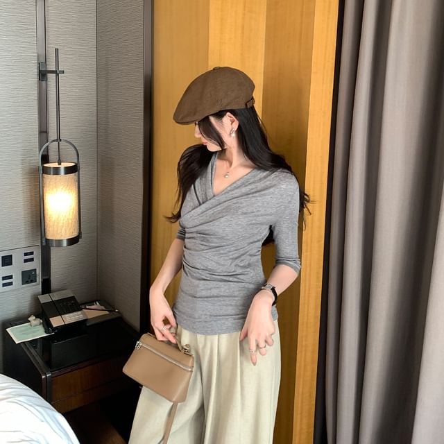 Ruched Wrap Top with V-Neck - Elbow Sleeve