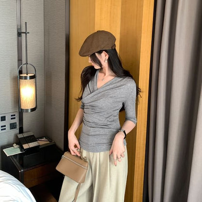 Ruched Wrap Top with V-Neck - Elbow Sleeve