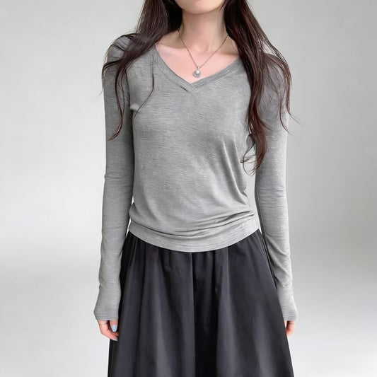 V-Neck Long-Sleeve Tee - Solid Basic