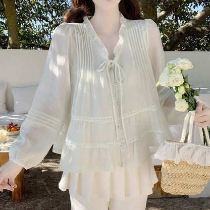 Frill Trim Sheer V-Neck Blouse