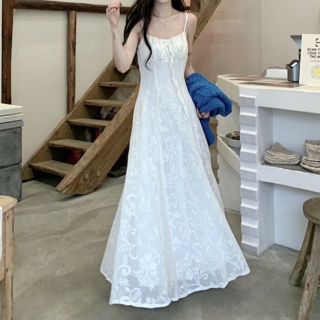 Spaghetti Strap Tie Front Lace Maxi A-Line Dress / Crew Neck Button-Up Plain Cable Knit Cardigan