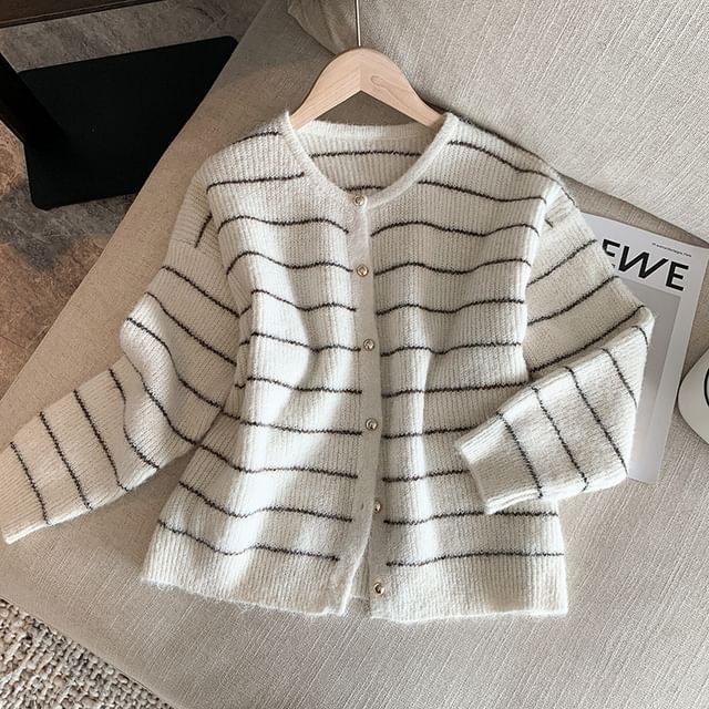 Crew Neck Striped Button-Up Cardigan