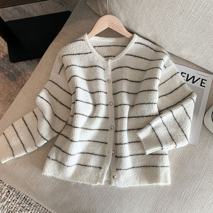 Crew Neck Striped Button-Up Cardigan