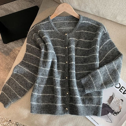 Crew Neck Striped Button-Up Cardigan