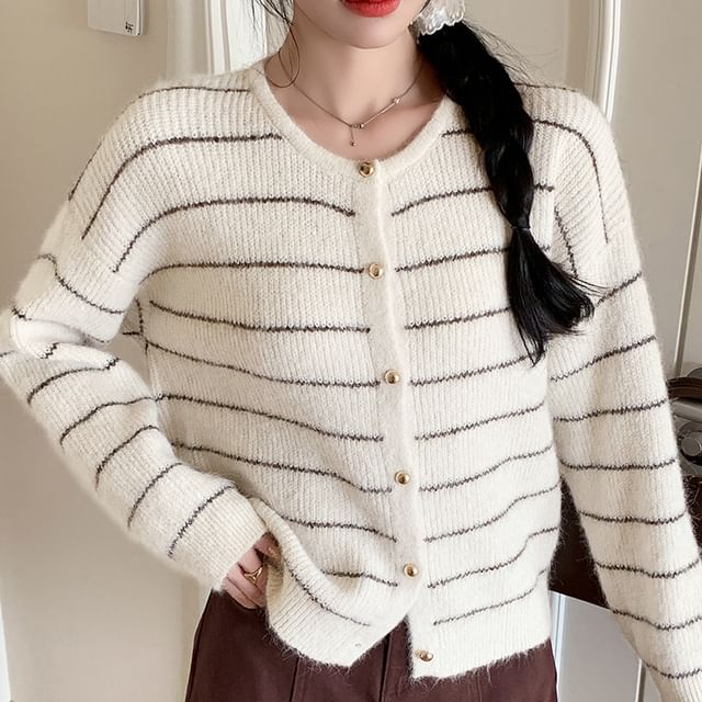 Crew Neck Striped Button-Up Cardigan