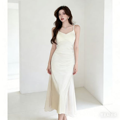 Spaghetti Strap V-Neck Plain Mesh Panel Midi Mermaid Dress