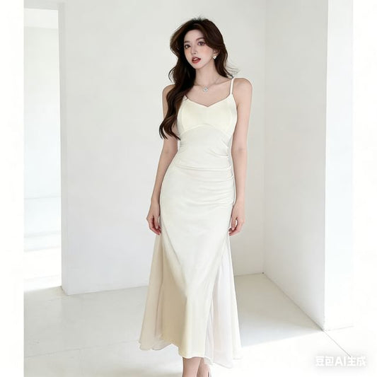 Spaghetti Strap V-Neck Plain Mesh Panel Midi Mermaid Dress