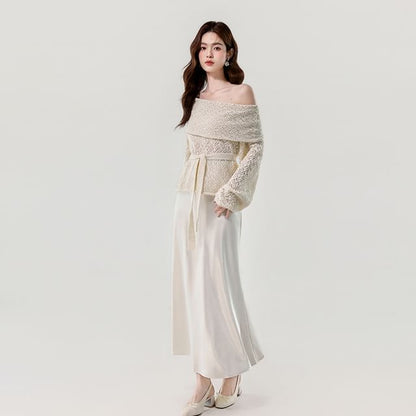 Black Off-Shoulder Knit Top with Tie Waist - Altfashion Shop