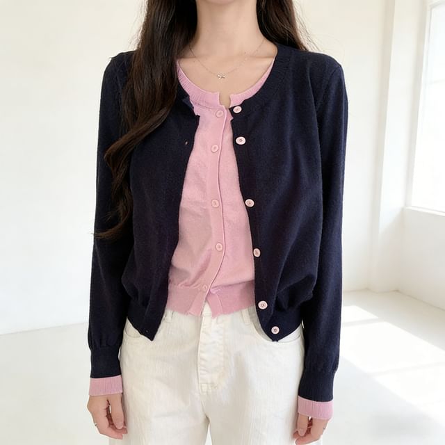 Mock Two-Piece Crew Neck Two Tone Button-Up Crop Cardigan
