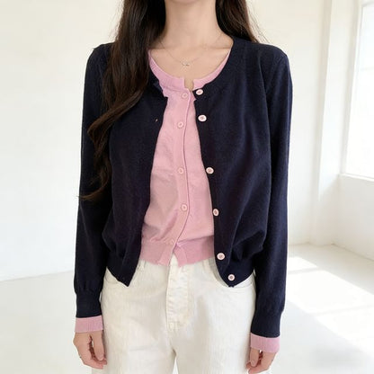 Mock Two-Piece Crew Neck Two Tone Button-Up Crop Cardigan