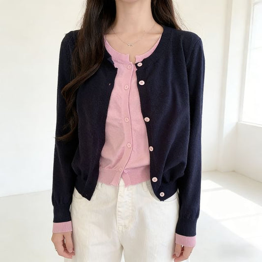 Mock Two-Piece Crew Neck Two Tone Button-Up Crop Cardigan