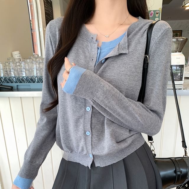 Mock Two-Piece Crew Neck Two Tone Button-Up Crop Cardigan