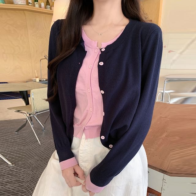 Mock Two-Piece Crew Neck Two Tone Button-Up Crop Cardigan