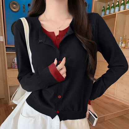 Mock Two-Piece Crew Neck Two Tone Button-Up Crop Cardigan