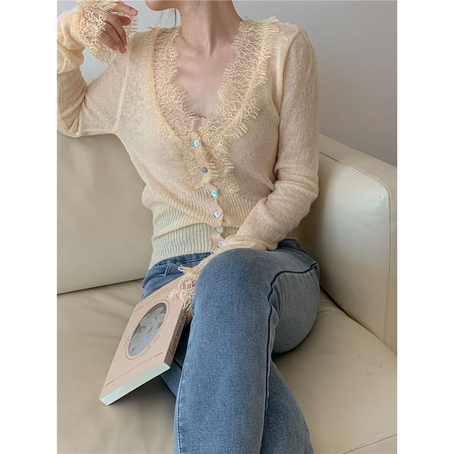 V-Neck Lace Panel Button-Up Sheer Cardigan