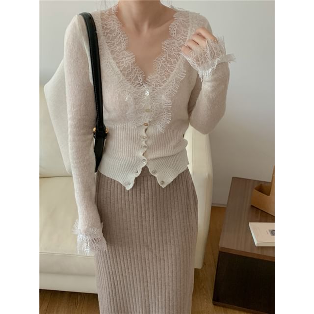 V-Neck Lace Panel Button-Up Sheer Cardigan