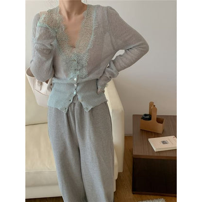 V-Neck Lace Panel Button-Up Sheer Cardigan
