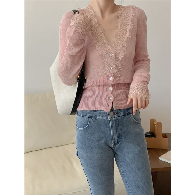 V-Neck Lace Panel Button-Up Sheer Cardigan