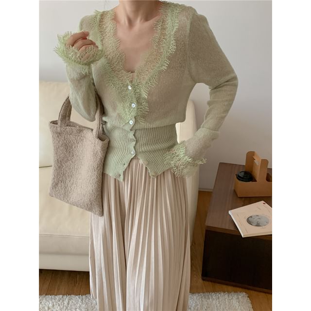 V-Neck Lace Panel Button-Up Sheer Cardigan
