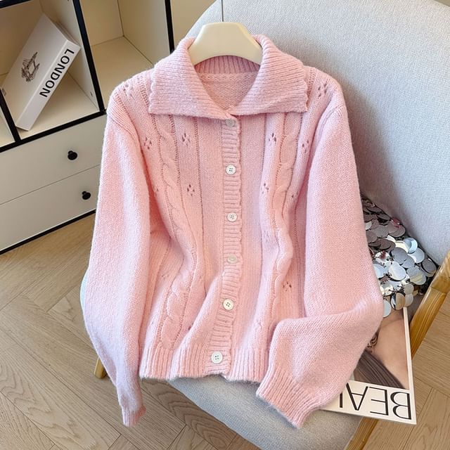Collared Button-Up Plain Cable Knit Cardigan