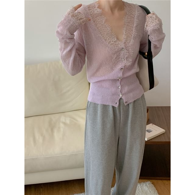 V-Neck Lace Panel Button-Up Sheer Cardigan