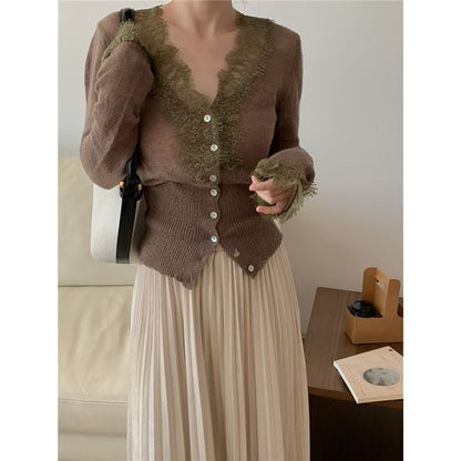 V-Neck Lace Panel Button-Up Sheer Cardigan