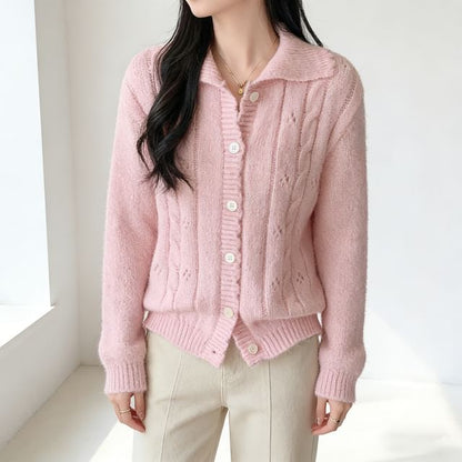 Collared Button-Up Plain Cable Knit Cardigan