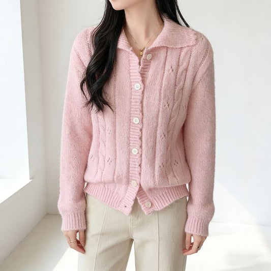 Collared Button-Up Plain Cable Knit Cardigan