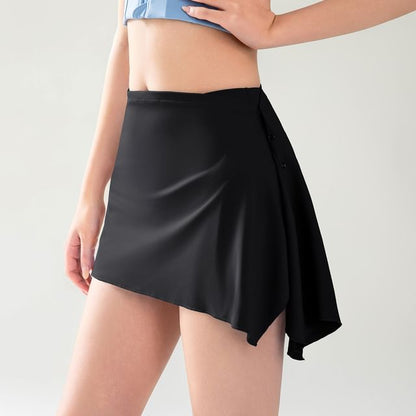 Black High Waist Yoga Shorts with Asymmetrical Overlay Skirt - Altfashion Shop