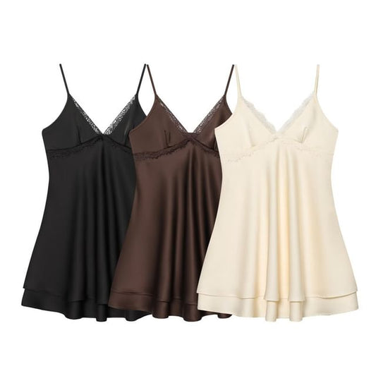 Spaghetti Strap V-Neck Lace Trim Layered Satin Mini A-Line Dress