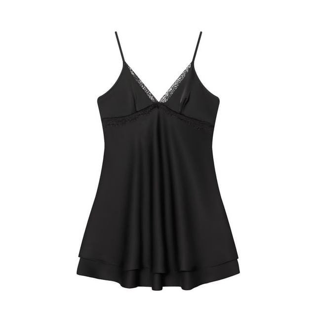 Spaghetti Strap V-Neck Lace Trim Layered Satin Mini A-Line Dress
