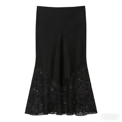 Black Satin Mermaid Maxi Skirt with Lace Accents - Altfashion Shop