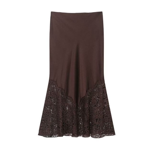 Black Satin Mermaid Maxi Skirt with Lace Accents - Altfashion Shop