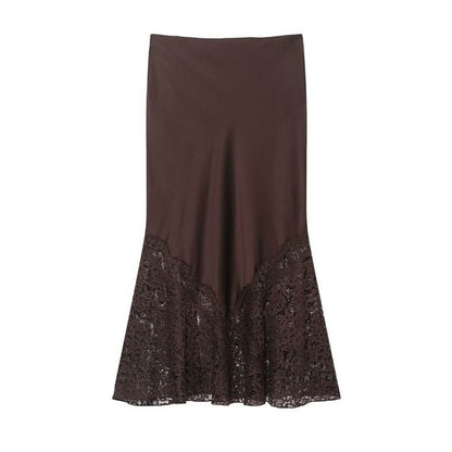 Black Satin Mermaid Maxi Skirt with Lace Accents - Altfashion Shop