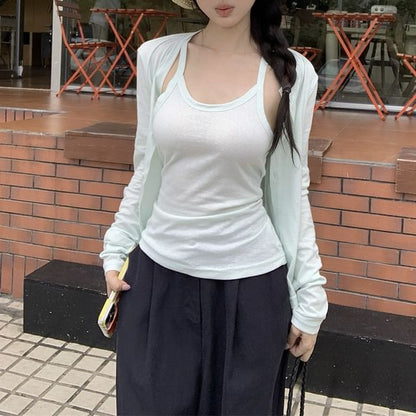 Set: Plain Camisole Top + Round Neck Cardigan