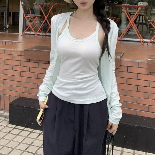 Set: Plain Camisole Top + Round Neck Cardigan