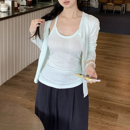 Set: Plain Camisole Top + Round Neck Cardigan