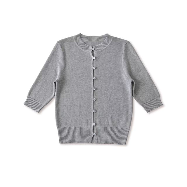 Elbow-Sleeve Crew Neck Button-Up Plain Crop Cardigan