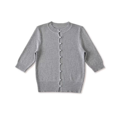 Elbow-Sleeve Crew Neck Button-Up Plain Crop Cardigan