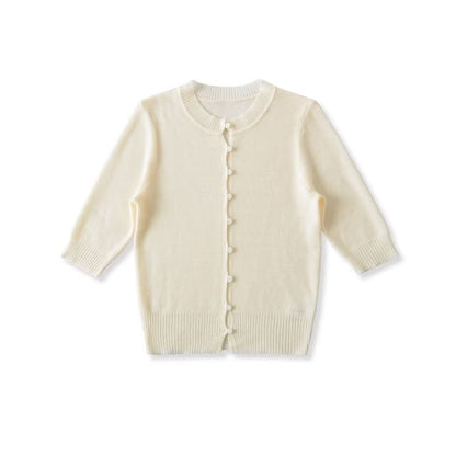 Elbow-Sleeve Crew Neck Button-Up Plain Crop Cardigan