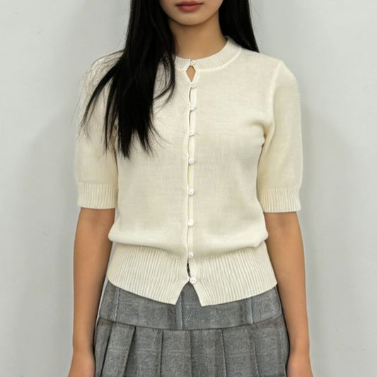 Elbow-Sleeve Crew Neck Button-Up Plain Crop Cardigan