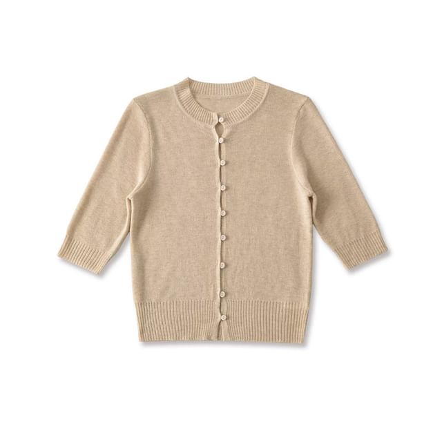 Elbow-Sleeve Crew Neck Button-Up Plain Crop Cardigan