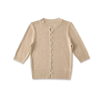 Elbow-Sleeve Crew Neck Button-Up Plain Crop Cardigan
